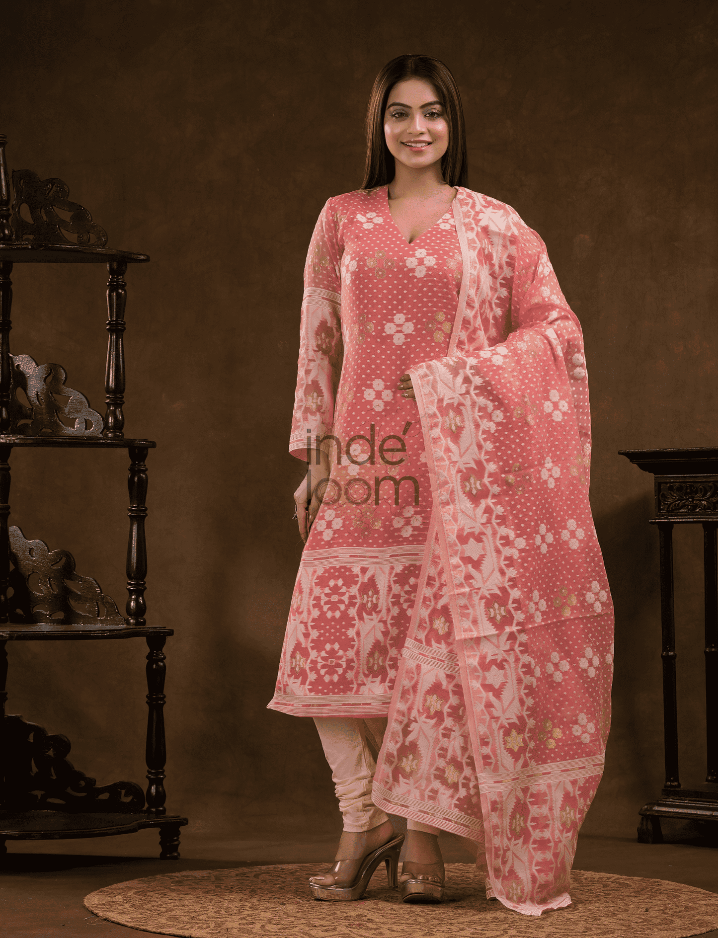 Coral Pink Cotton Silk Jamdani 2-Piece Set Kurti & Dupatta (UNSTITCHED) - 376