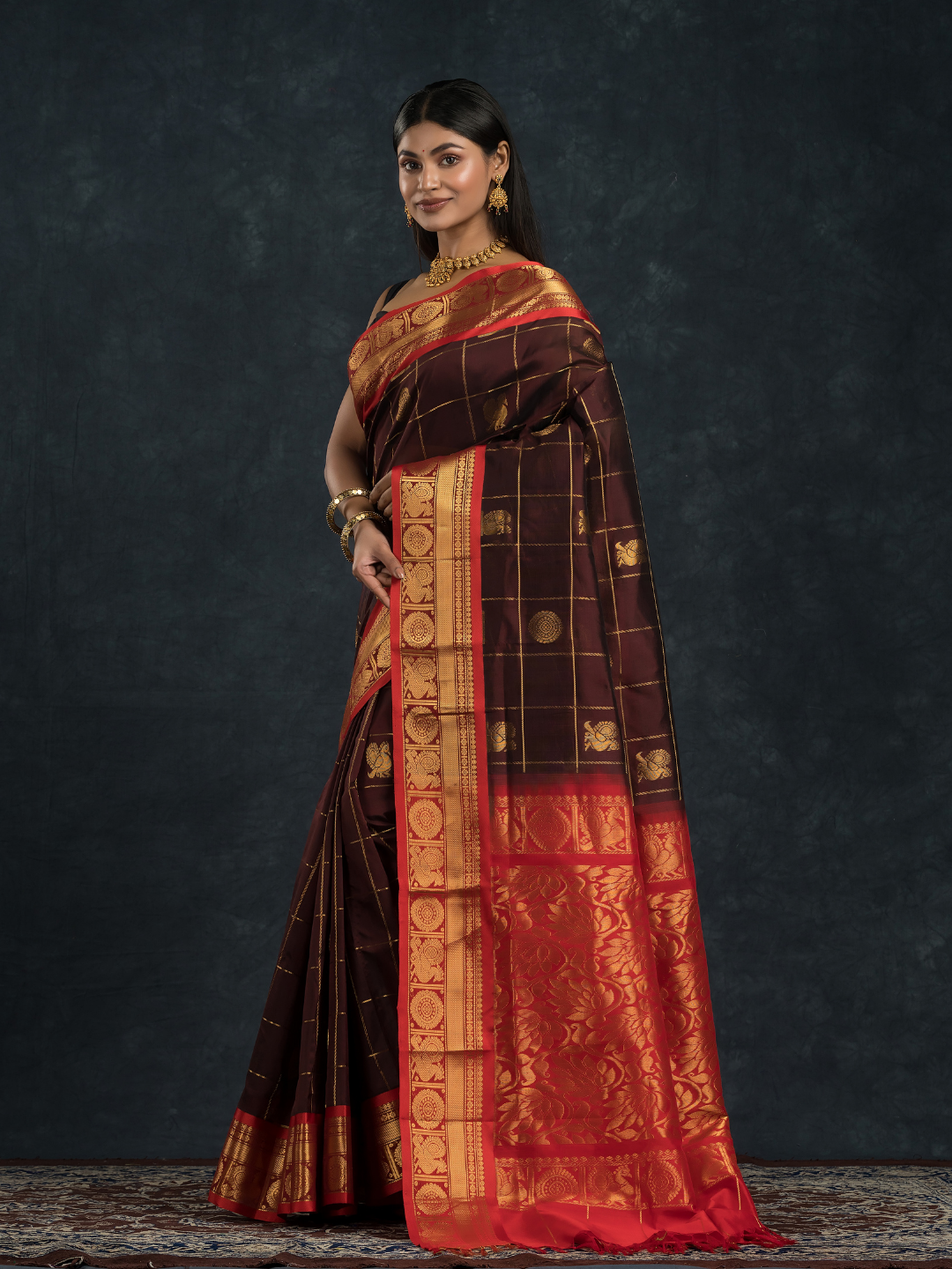 Korvai Saree With Dark Brown and Golden Red Border - 123