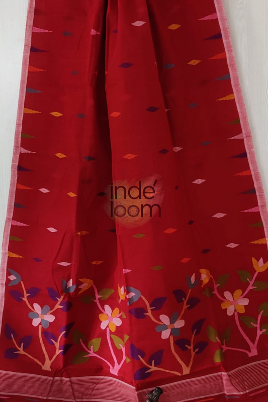 Floral Cherry Red Bengal Pure Cotton Jamdani Saree-024