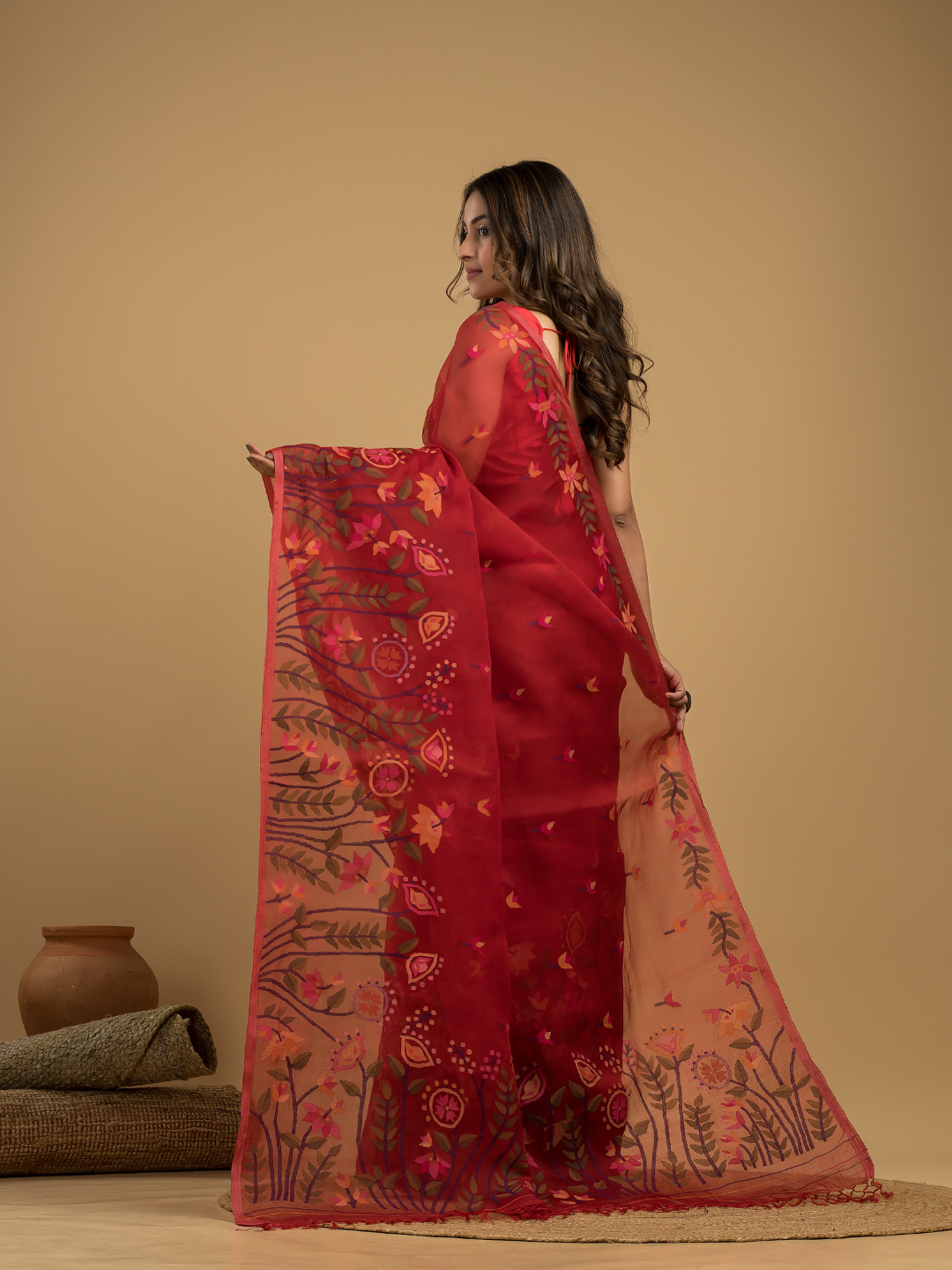 Muslin Jamdani Saree With Chilli Red - 026