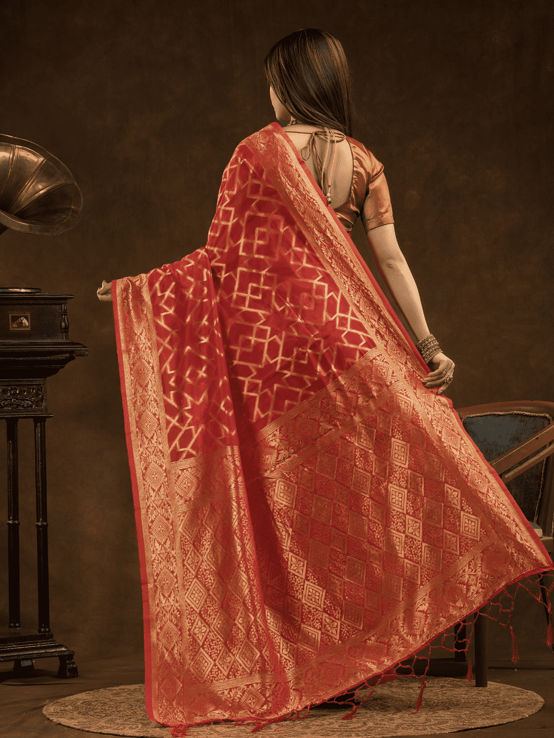 Chanderi Silk Woven Geometric Saree in Classic Red (Precision Looms) -012