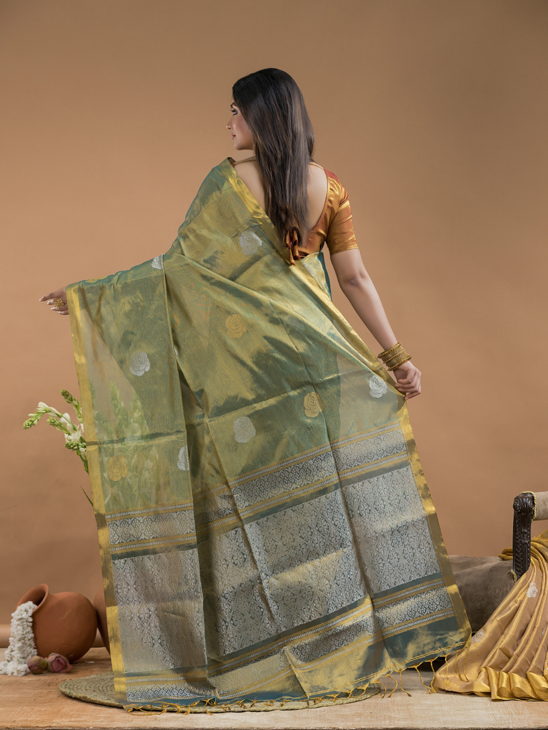 Tissue Silk Saree In Metallic gold -025