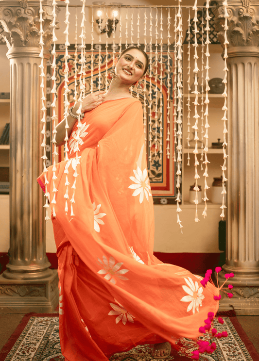 Fire Orange Mul Mul Cotton Saree - 039