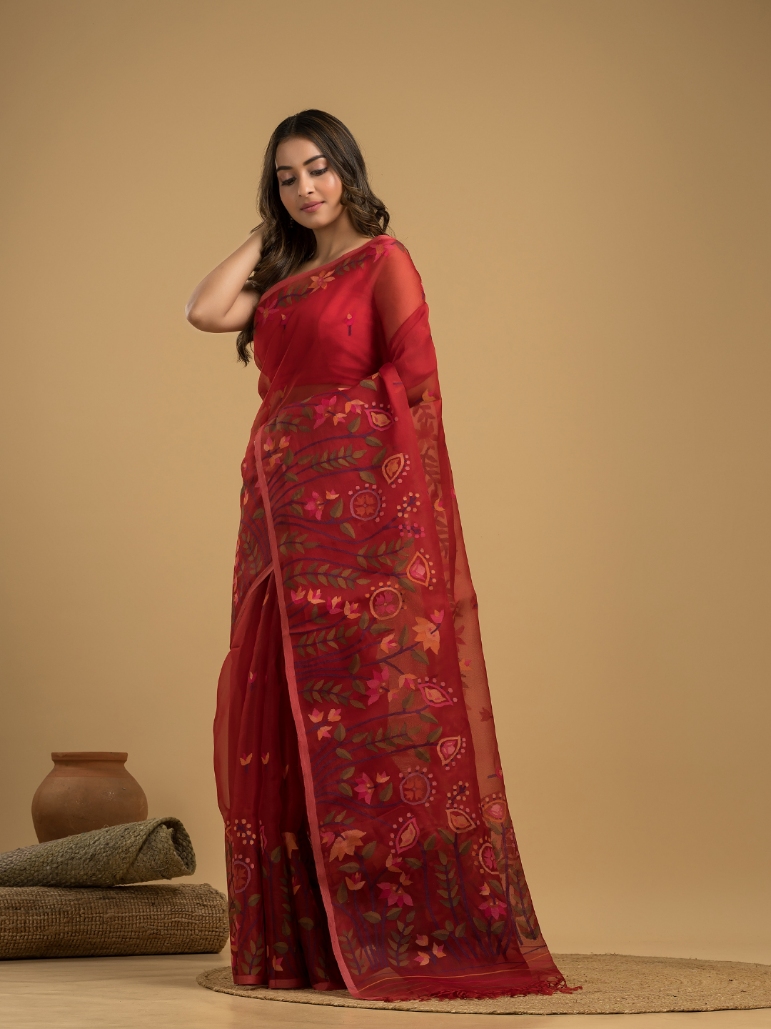 Muslin Jamdani Saree With Chilli Red - 026