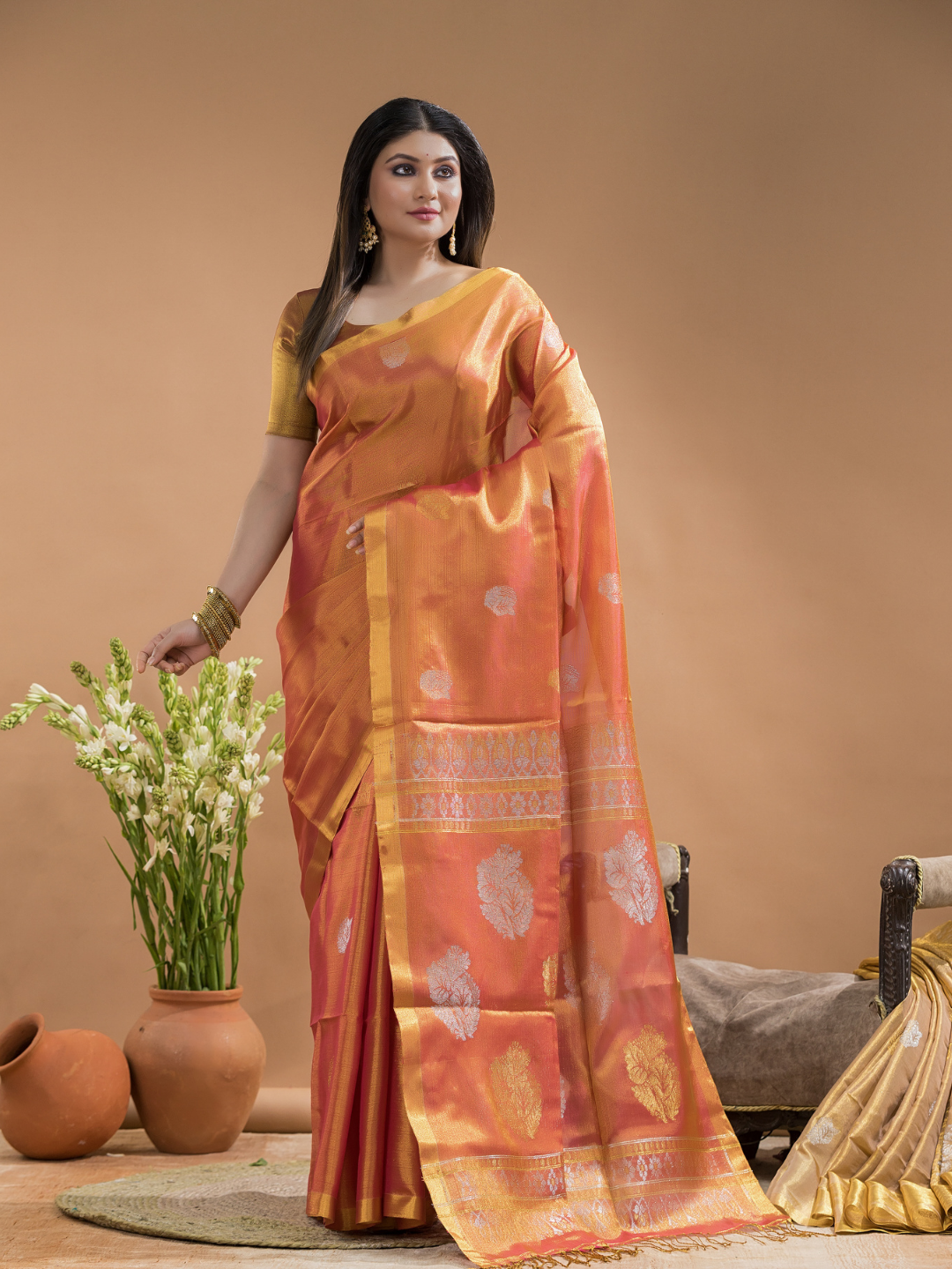 Tissue Silk Saree In Fire Orange - 031