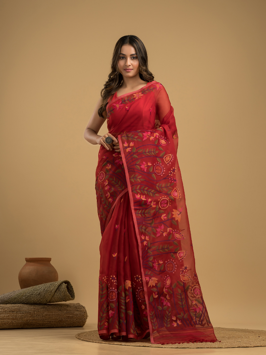 Muslin Jamdani Saree With Chilli Red - 026