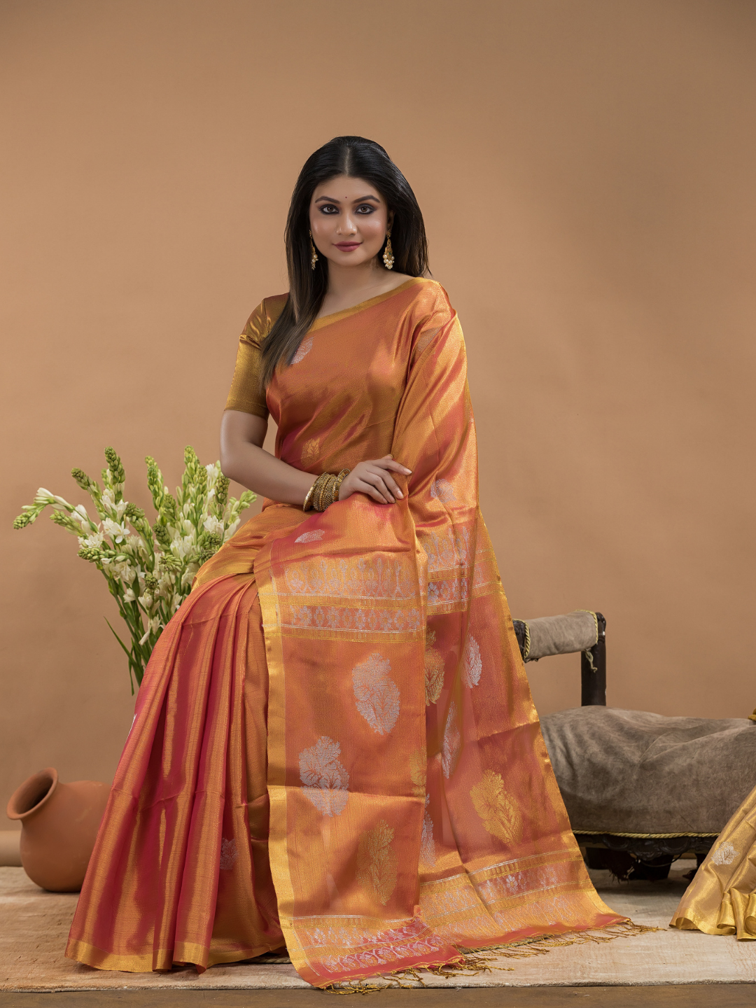 Tissue Silk Saree In Fire Orange - 031