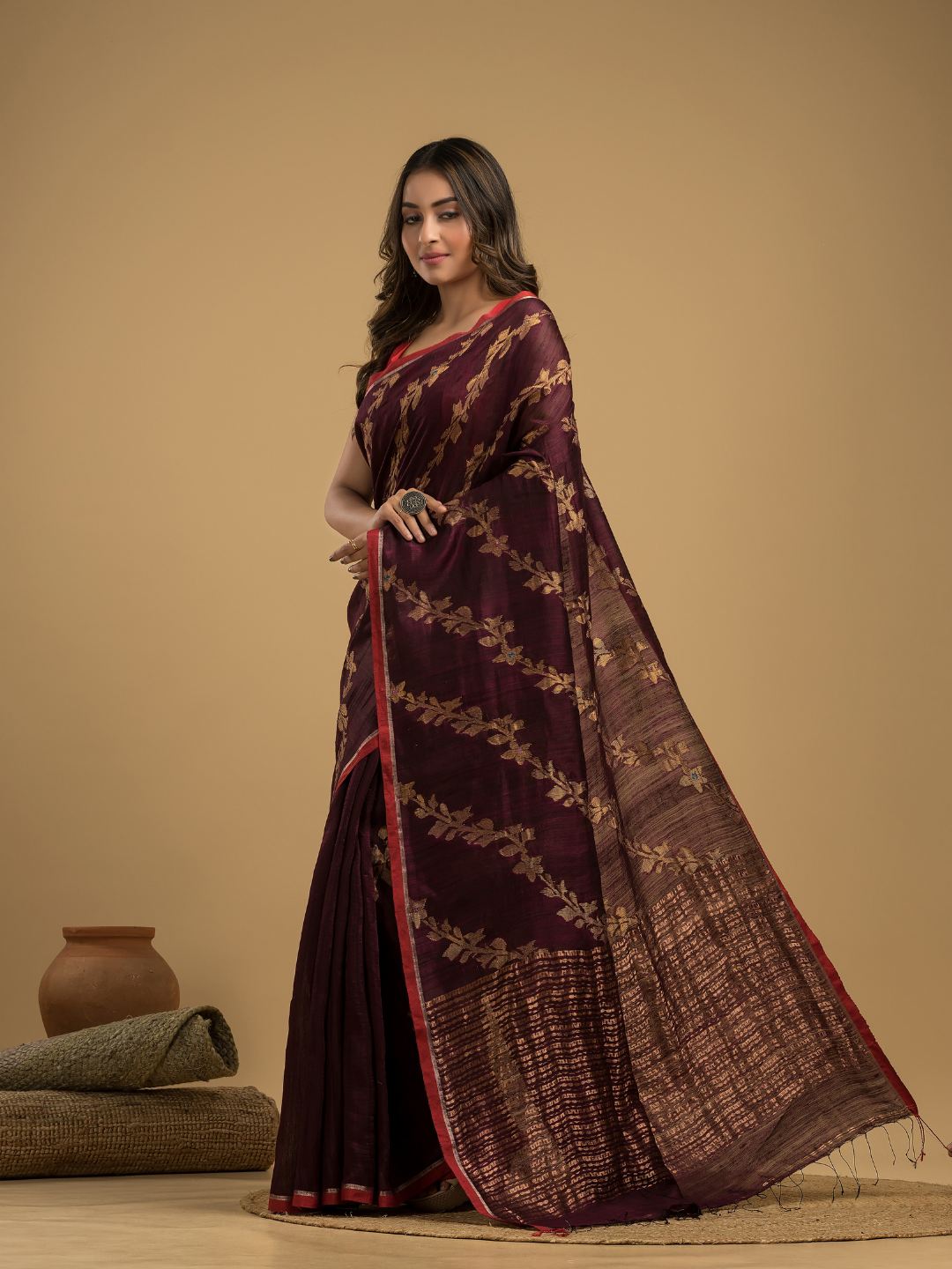 Matka Silk Jamdani Saree With Wine Purple - 027