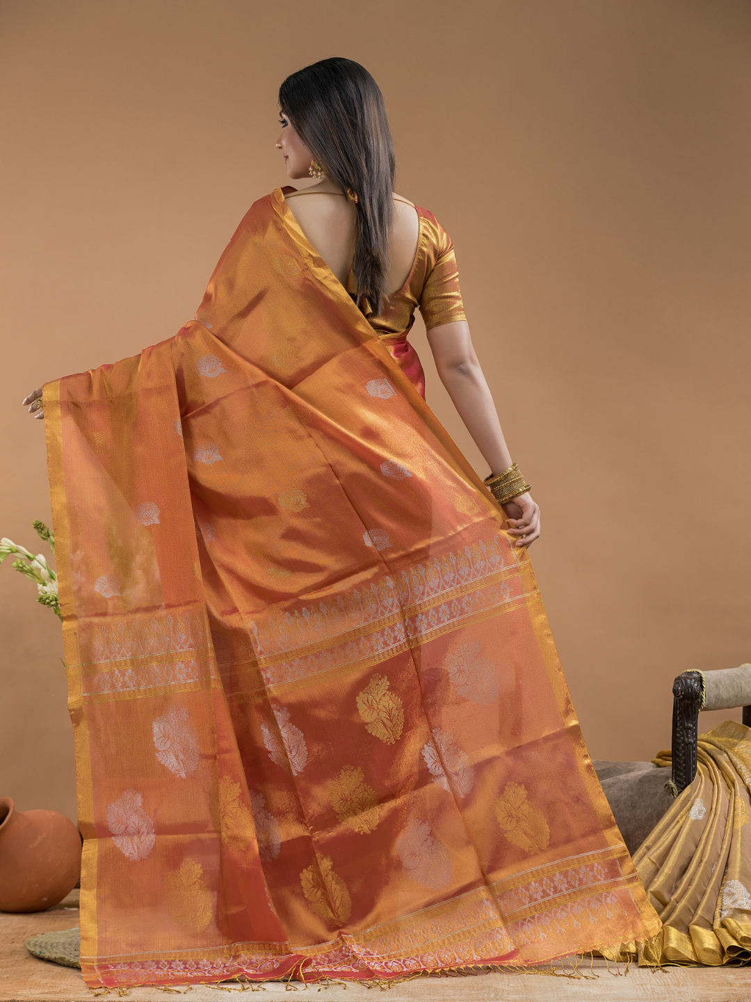 Tissue Silk Saree In Fire Orange - 031