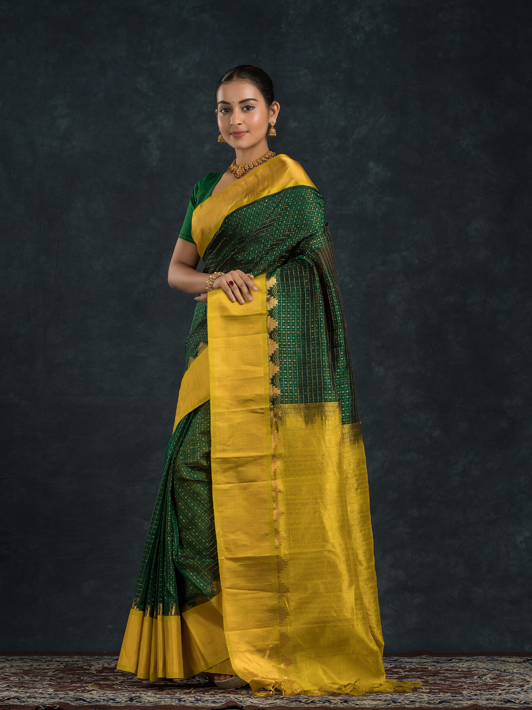 Korvai Saree Forest Green Design and Yellow Border -111