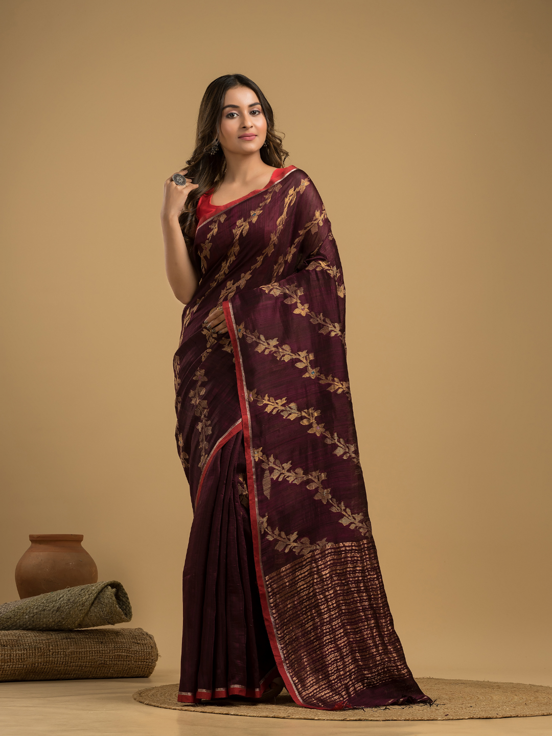 Matka Silk Jamdani Saree With Wine Purple - 027