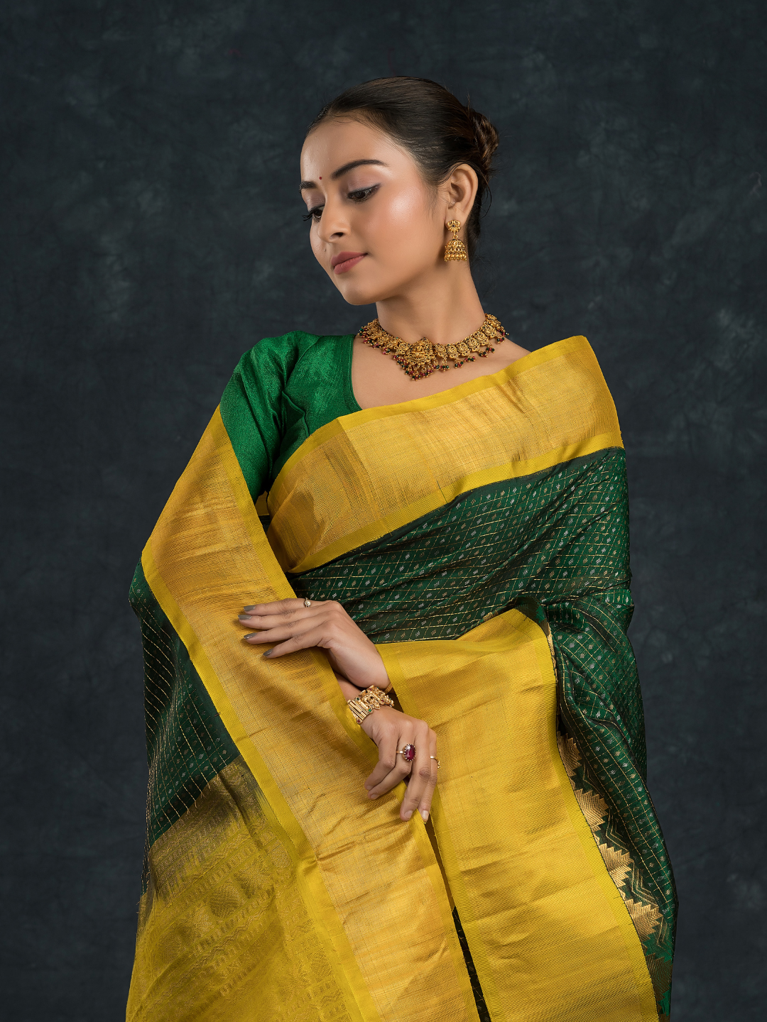 Korvai Saree Forest Green Design and Yellow Border -111