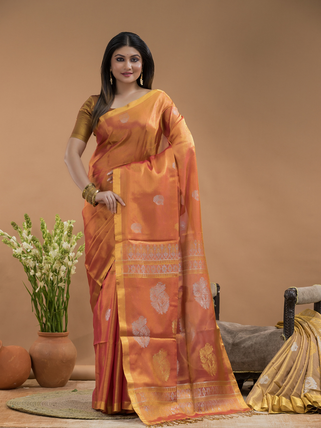 Tissue Silk Saree In Fire Orange - 031