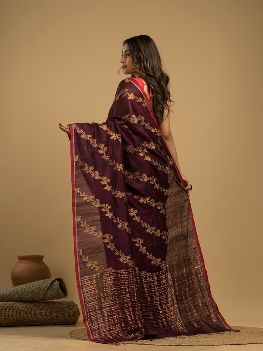 Matka Silk Jamdani Saree With Wine Purple - 027