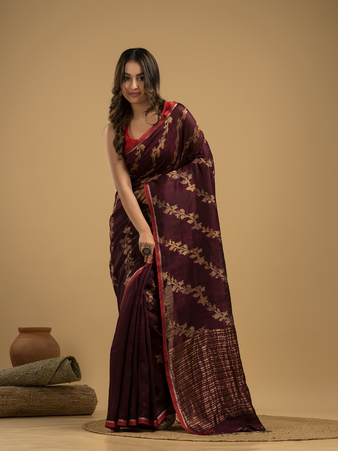 Matka Silk Jamdani Saree With Wine Purple - 027