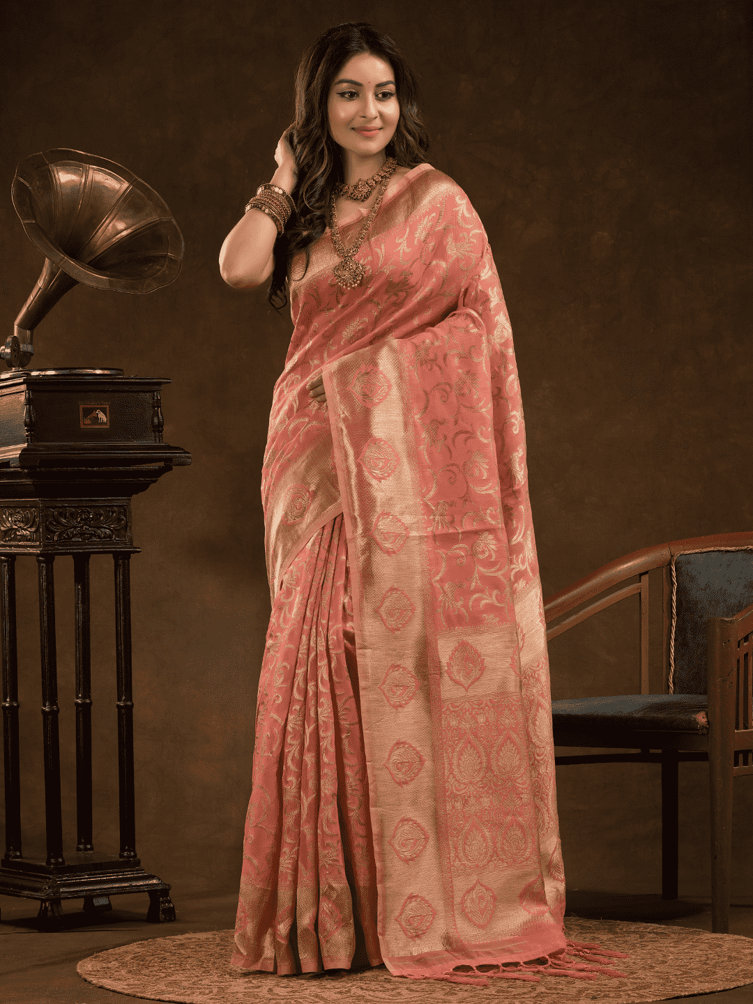 Chanderi Silk Floral Saree in Coral Pink (Precision Looms) -011