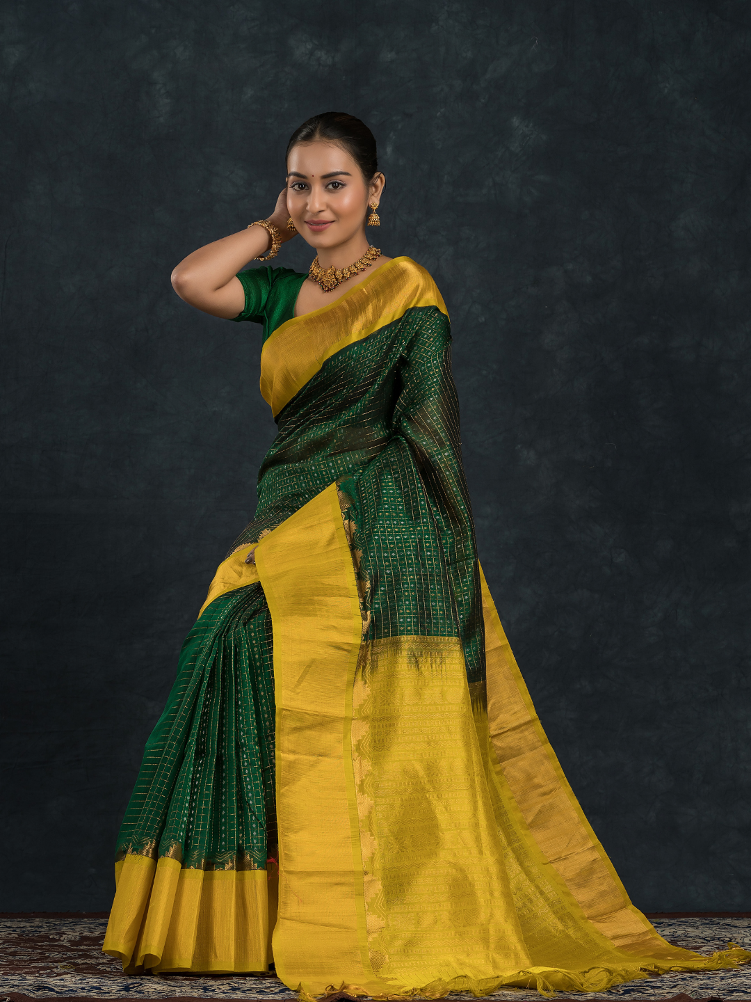 Korvai Saree Forest Green Design and Yellow Border -111