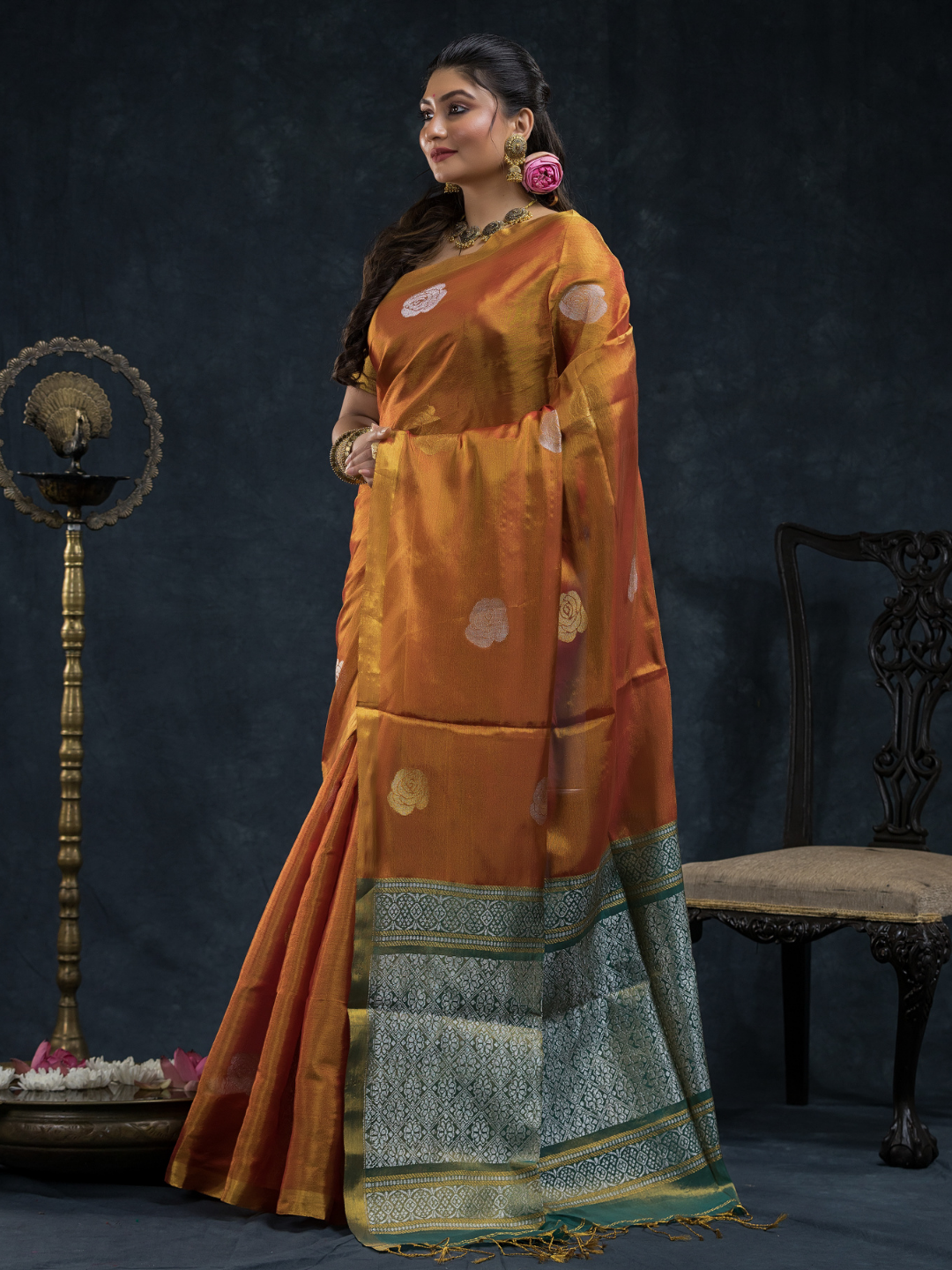 Burnt Orange  Tissue Silk Saree-027