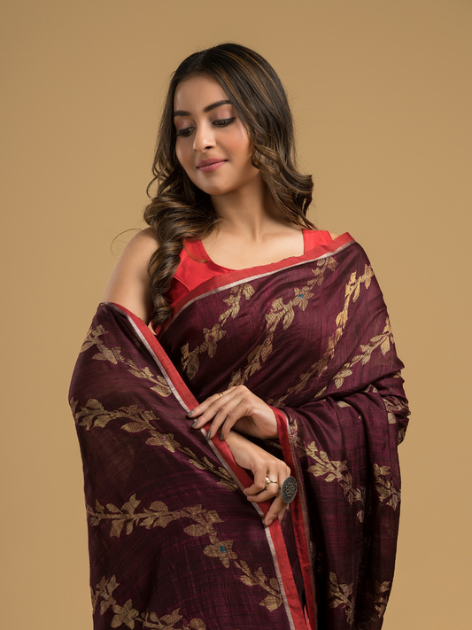 Matka Silk Jamdani Saree With Wine Purple - 027