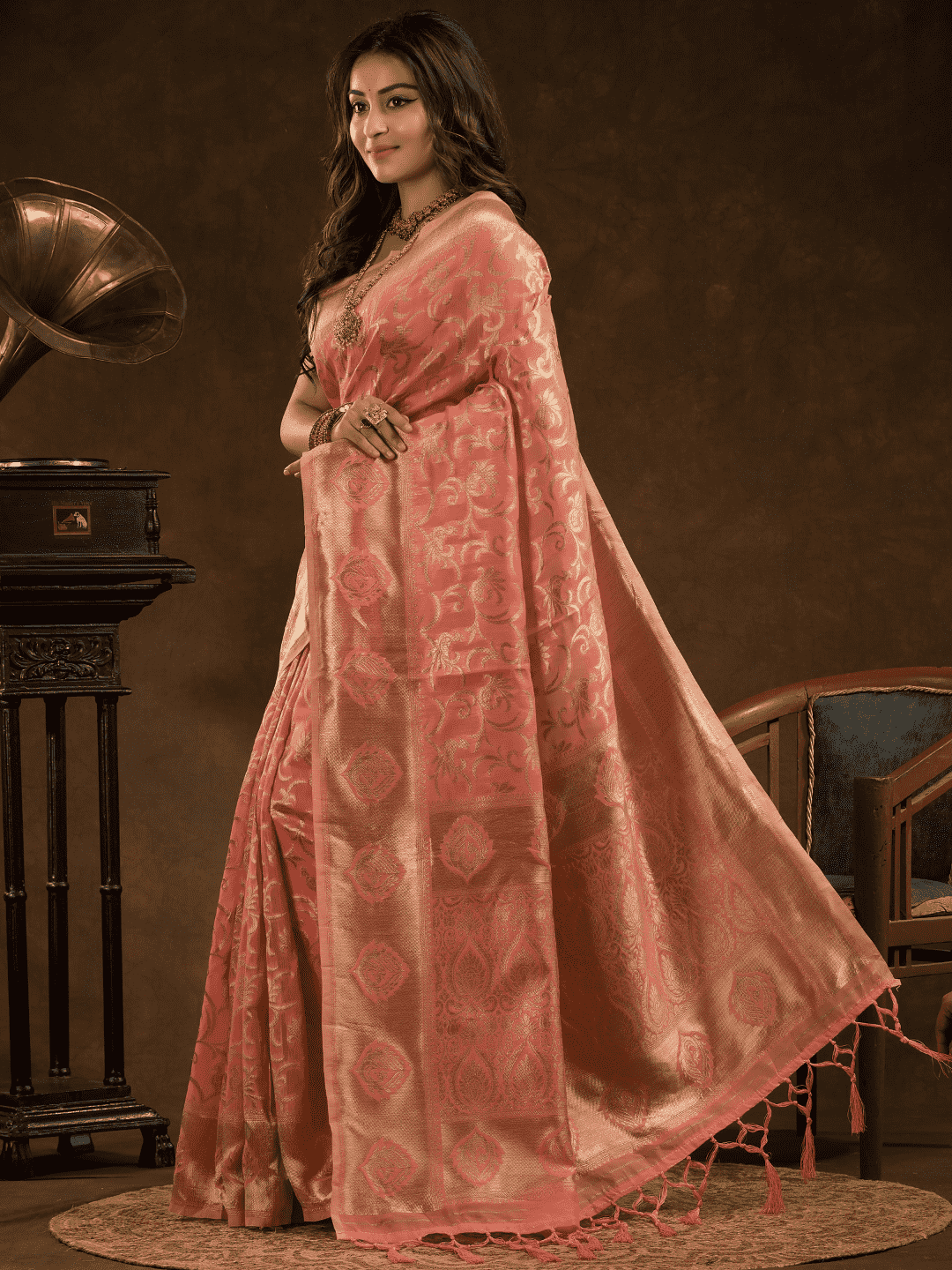 Chanderi Silk Floral Saree in Coral Pink (Precision Looms) -011