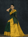 Pure handloom Korvai Silk Cotton Lakshadeepam Saree in Forest Green and Yellow Border - 0111