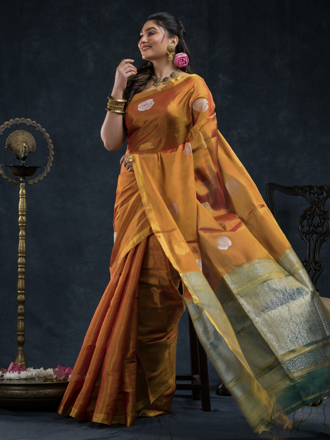 Burnt Orange  Tissue Silk Saree-027