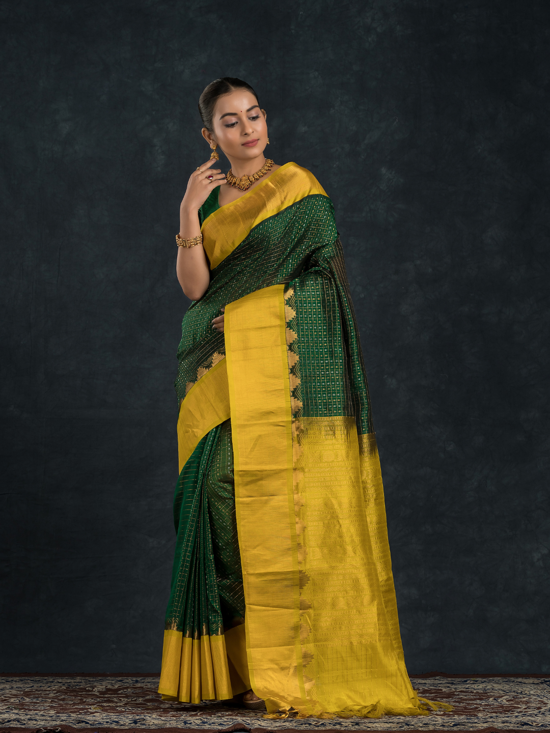 Korvai Saree Forest Green Design and Yellow Border -111