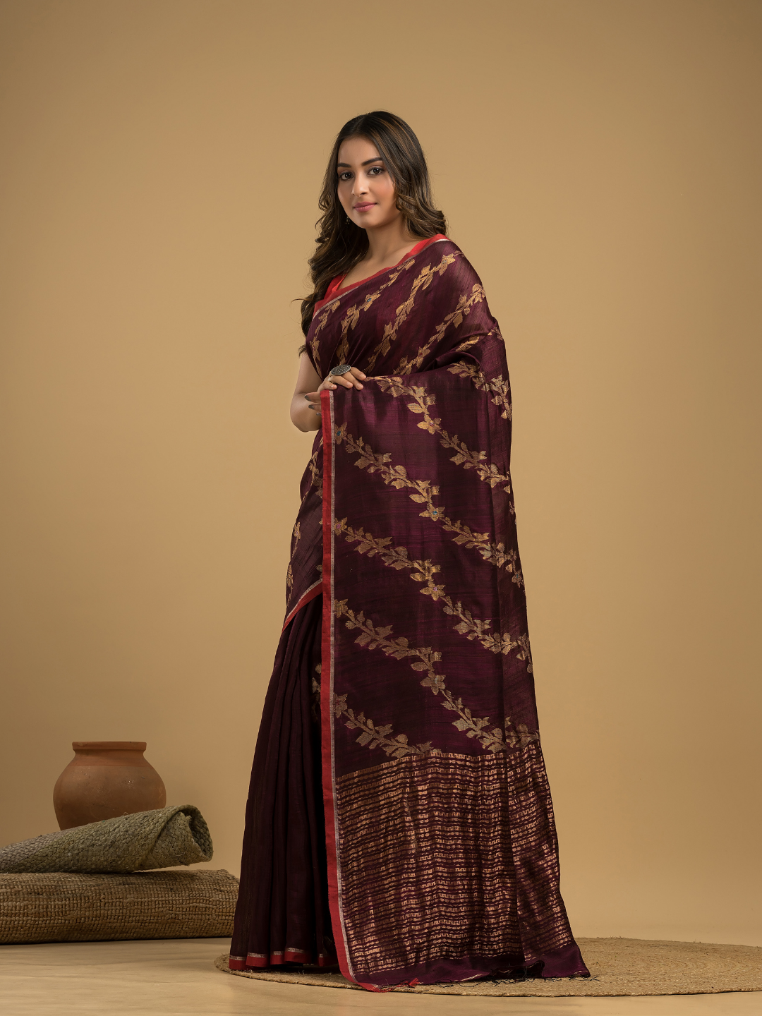 Matka Silk Jamdani Saree With Wine Purple - 027