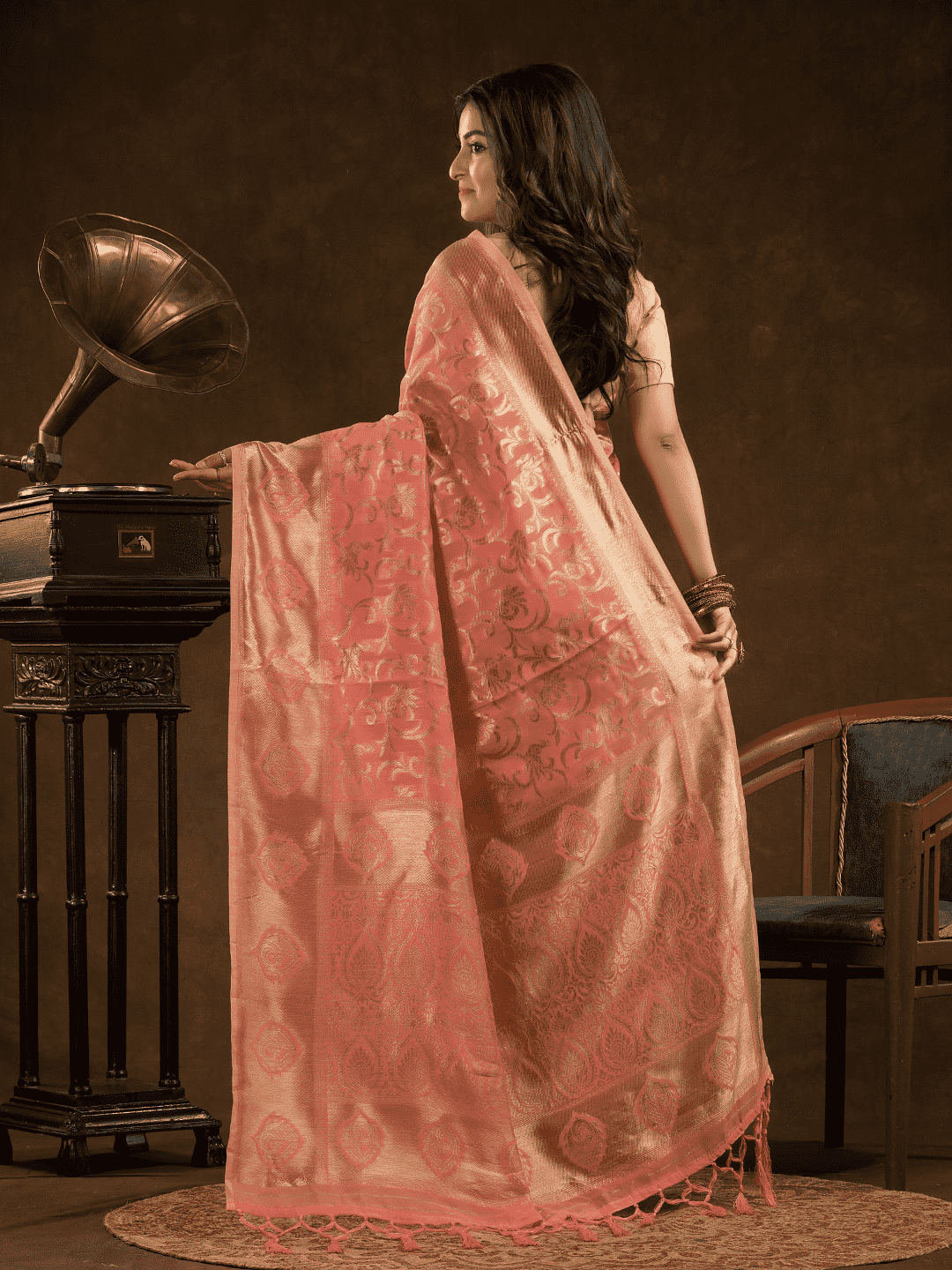 Chanderi Silk Floral Saree in Coral Pink (Precision Looms) -011