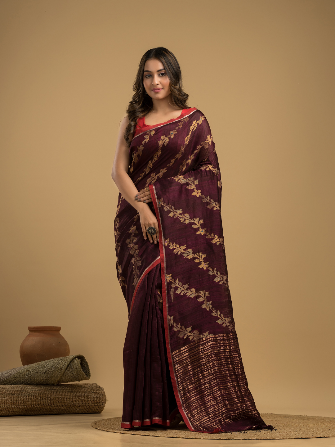 Matka Silk Jamdani Saree With Wine Purple - 027