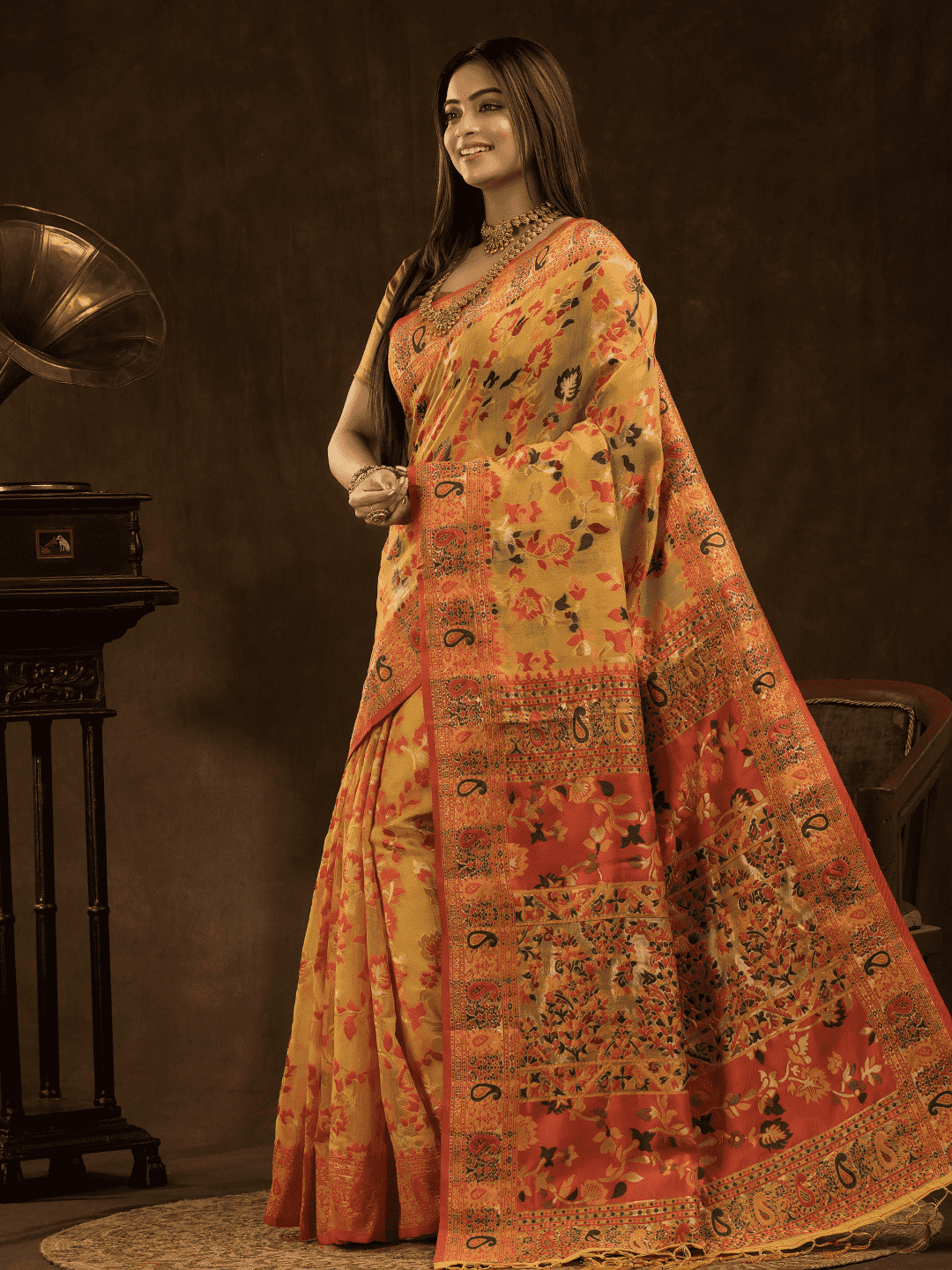 Paithani Floral Saree In Mustard Yellow (Precision Looms) - 002