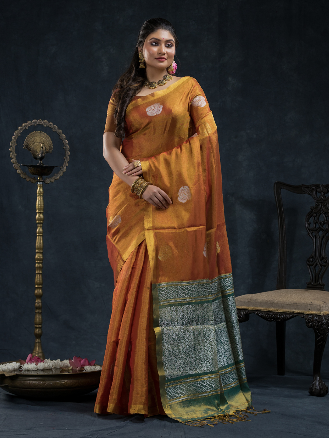 Burnt Orange  Tissue Silk Saree-027