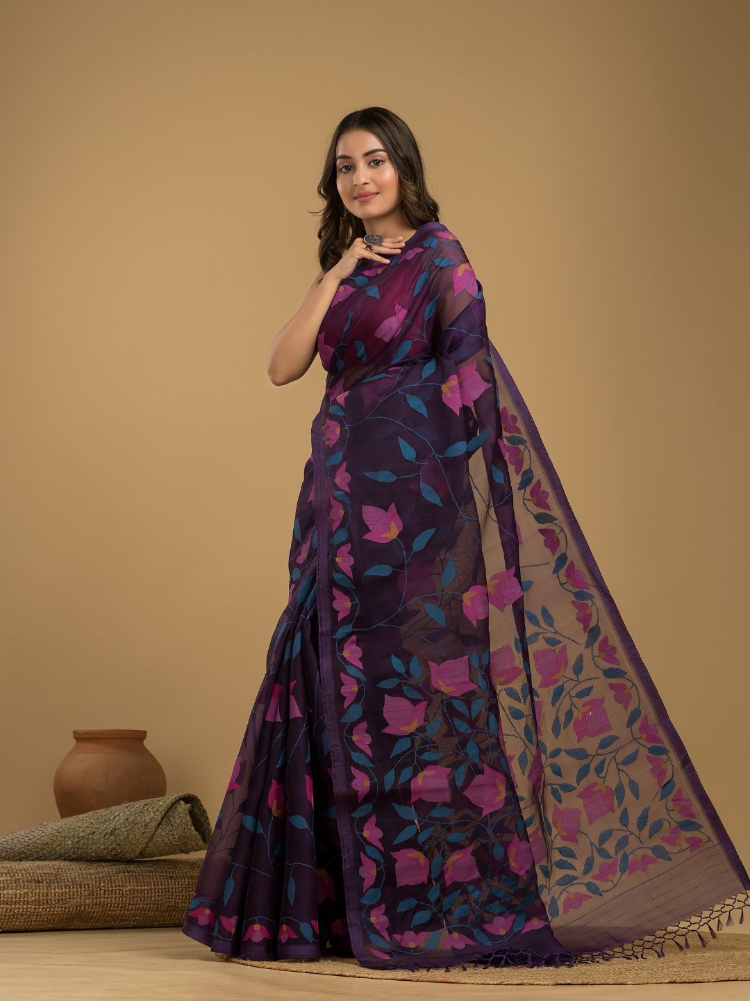 Jamdani Saree With Plum Purple - 003