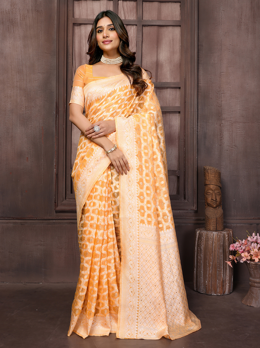 Chanderi Silk Floral Saree In Corn Yellow (Precision Looms) - 005