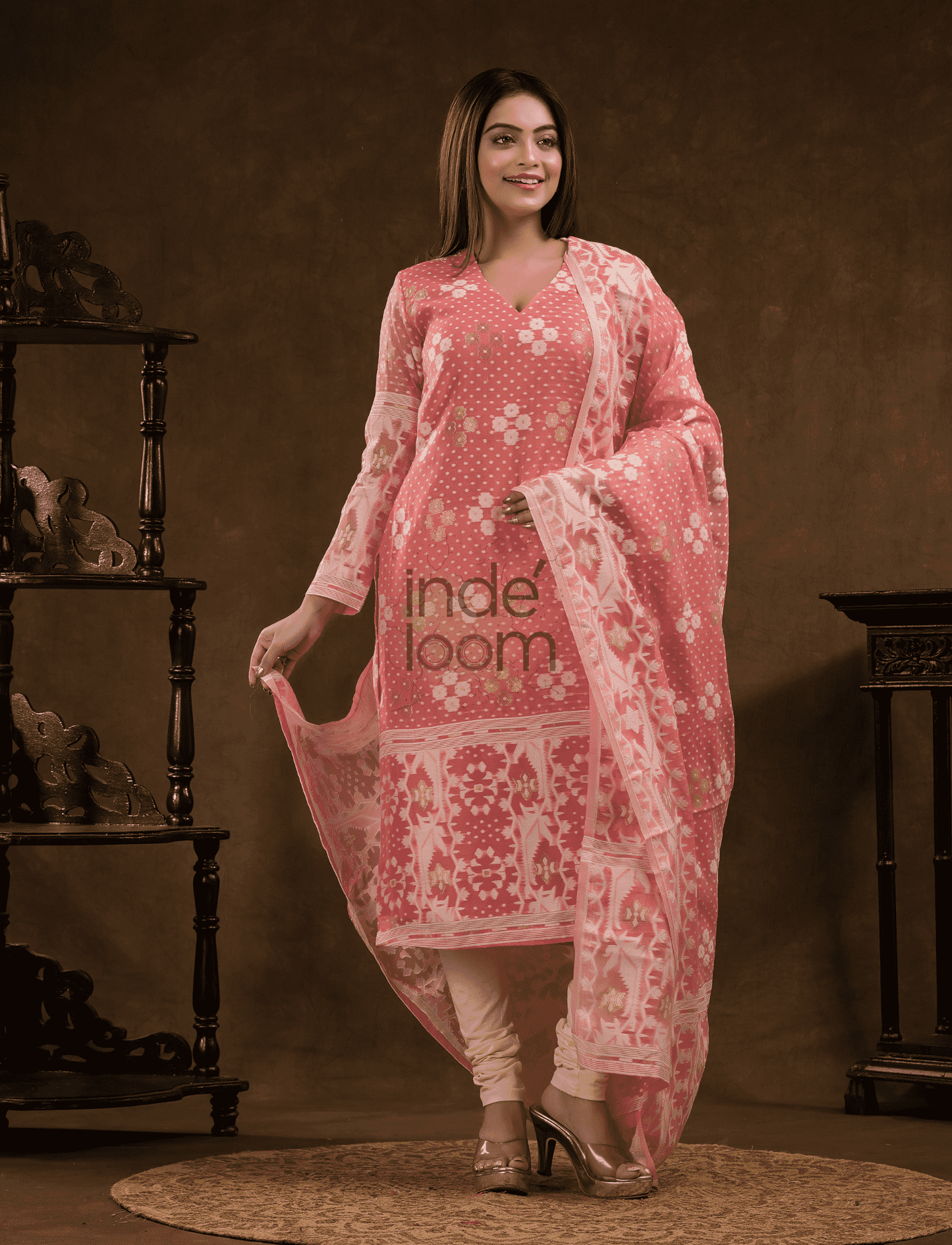 Coral Pink Cotton Silk Jamdani 2-Piece Set Kurti & Dupatta (UNSTITCHED) - 376