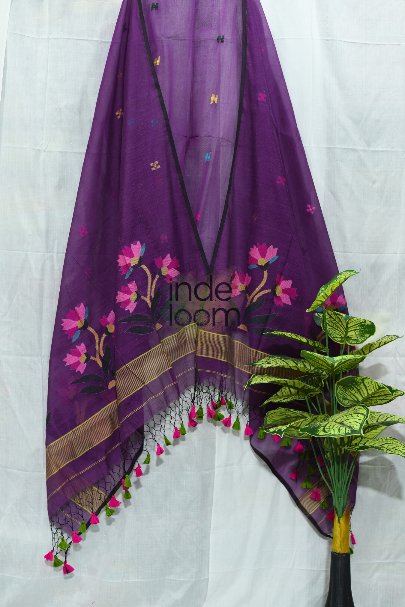 Muslin  Jamdani 2 Piece Set Kurti & Dupatta with Dark Purple - 159