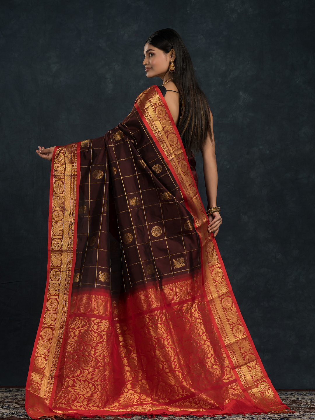 Korvai Saree With Dark Brown and Golden Red Border - 123