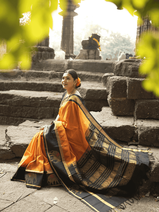 Pure handloom Korvai Silk Cotton Saree in Honey Yellow and Coal Black border - 076