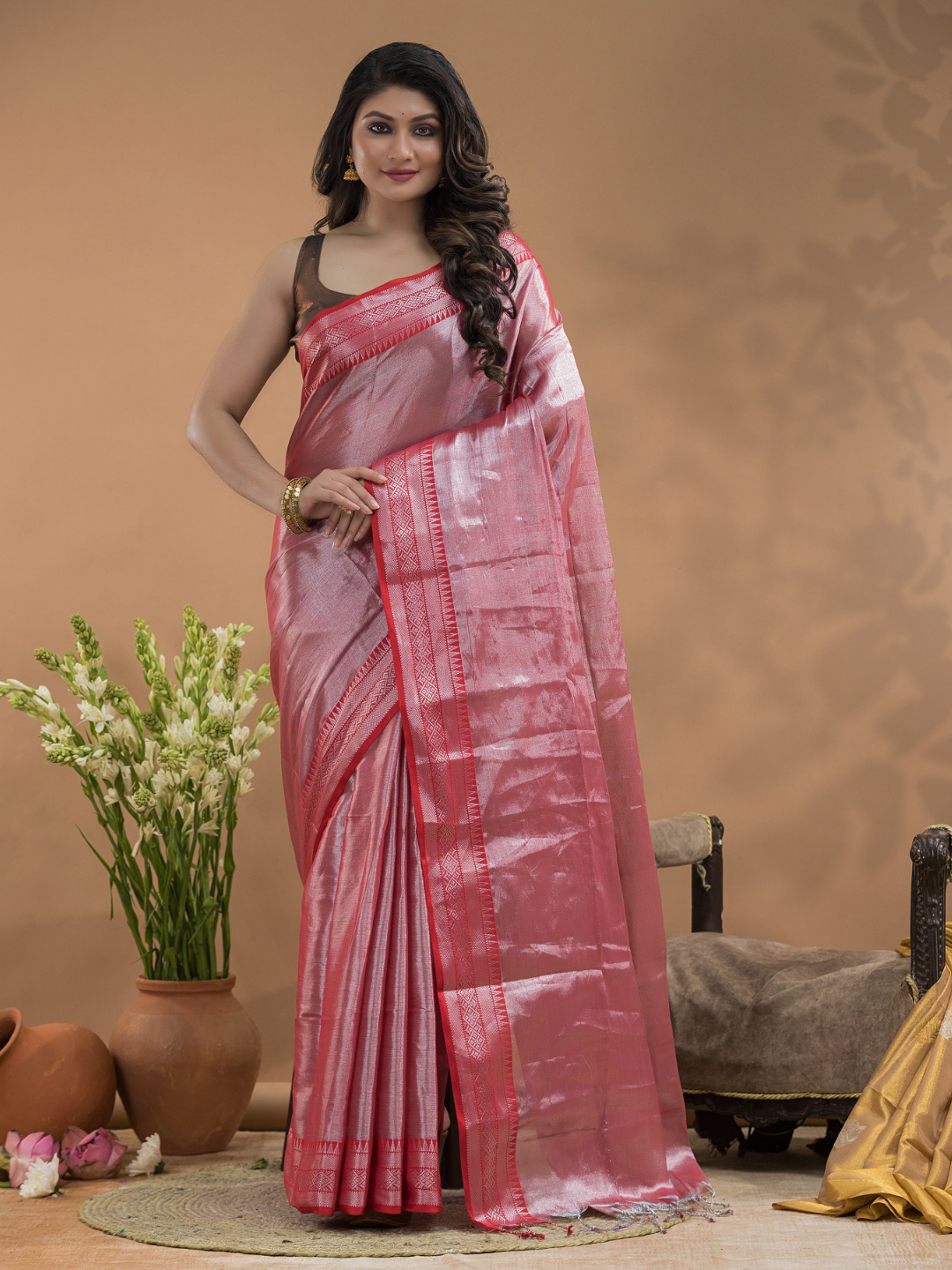 Rose Pink with Pink Border Tissue Silk Saree-028