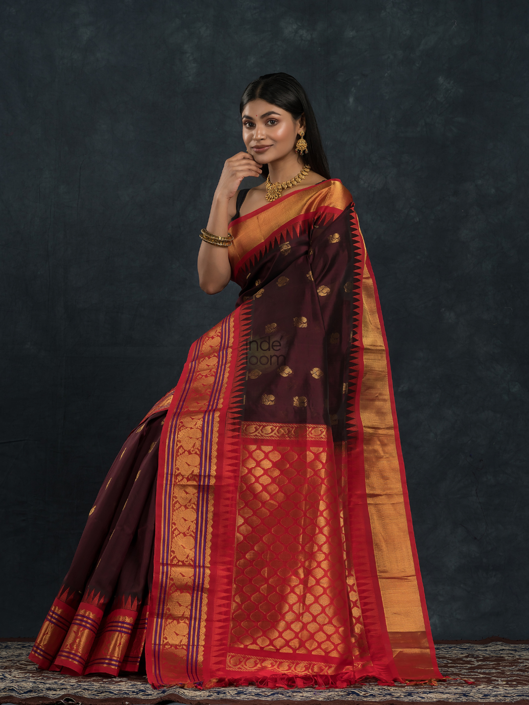 Ink Black and Red Border  Korvai Saree - 097