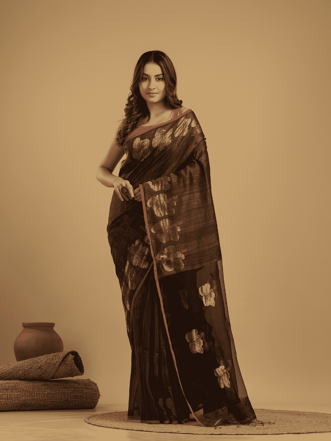 Matka Silk Jamdani Saree With Umber Brown - 028 - indeloom