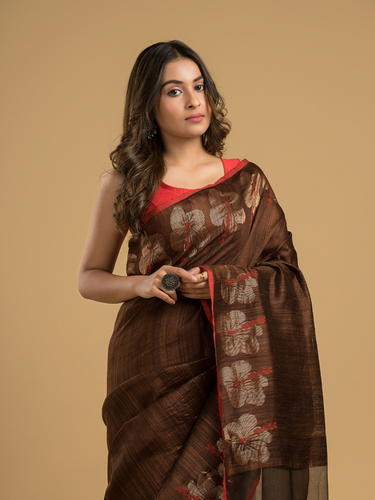 Matka Silk Jamdani Saree With Umber Brown - 028