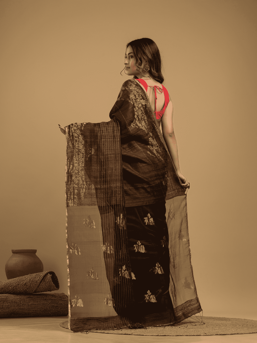 Matka Silk Jamdani Saree With Umber Brown - 028 - indeloom