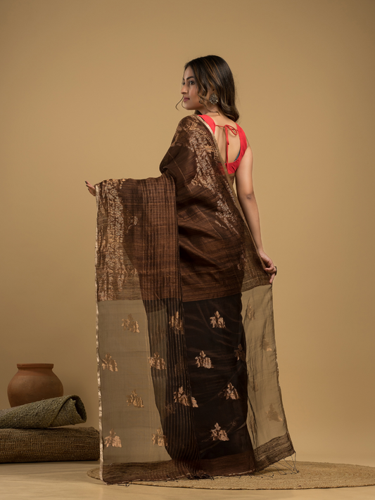 Matka Silk Jamdani Saree With Umber Brown - 028