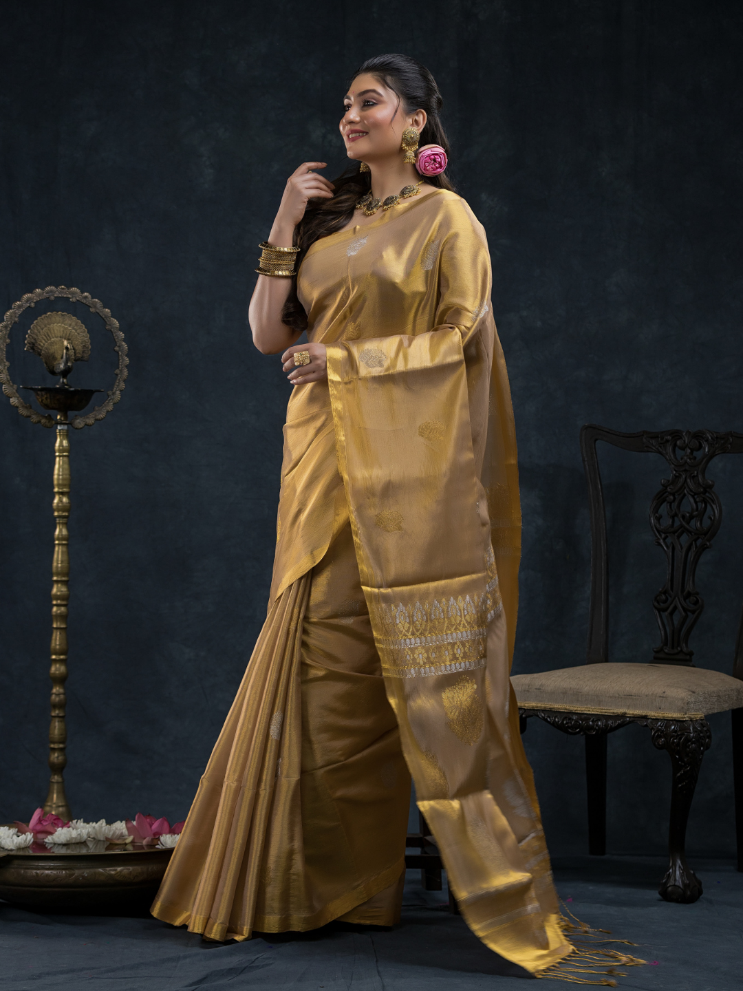 Tissue Silk Saree In Metallic gold -025