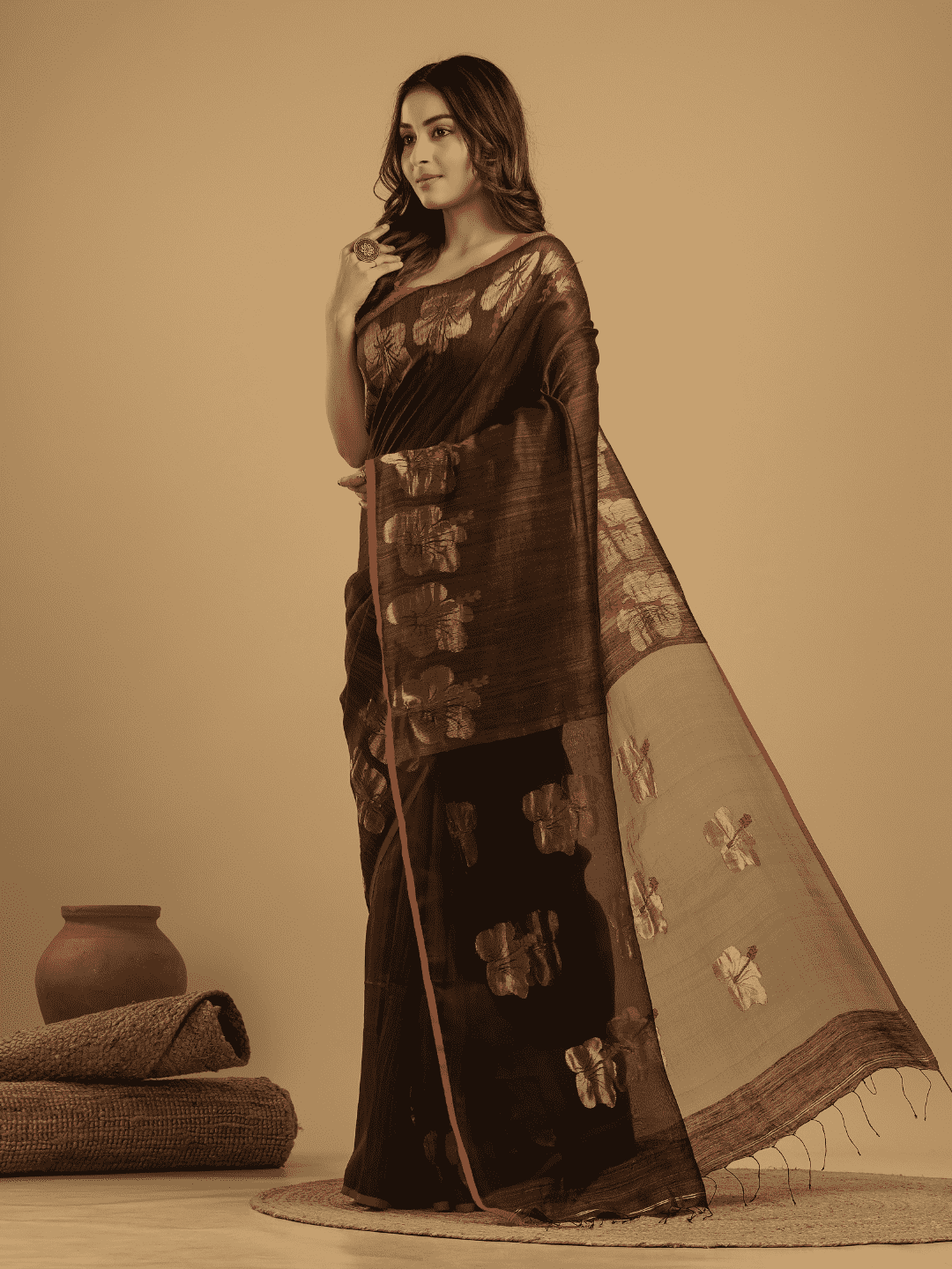 Matka Silk Jamdani Saree With Umber Brown - 028 - indeloom