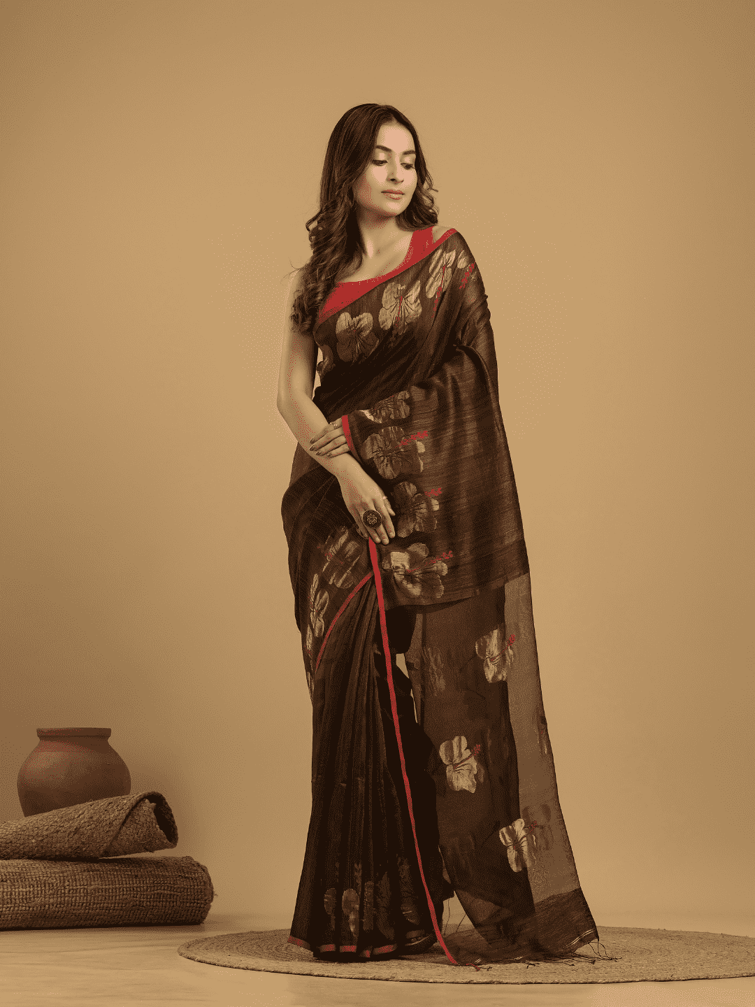 Matka Silk Jamdani Saree With Umber Brown - 028 - indeloom