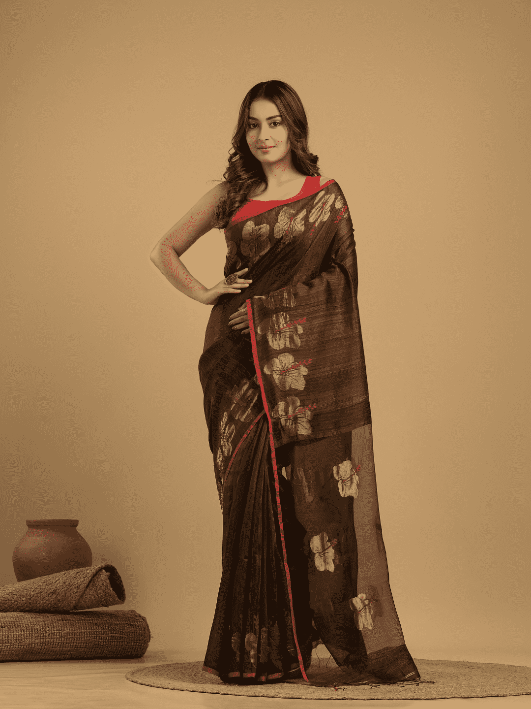 Matka Silk Jamdani Saree With Umber Brown - 028 - indeloom