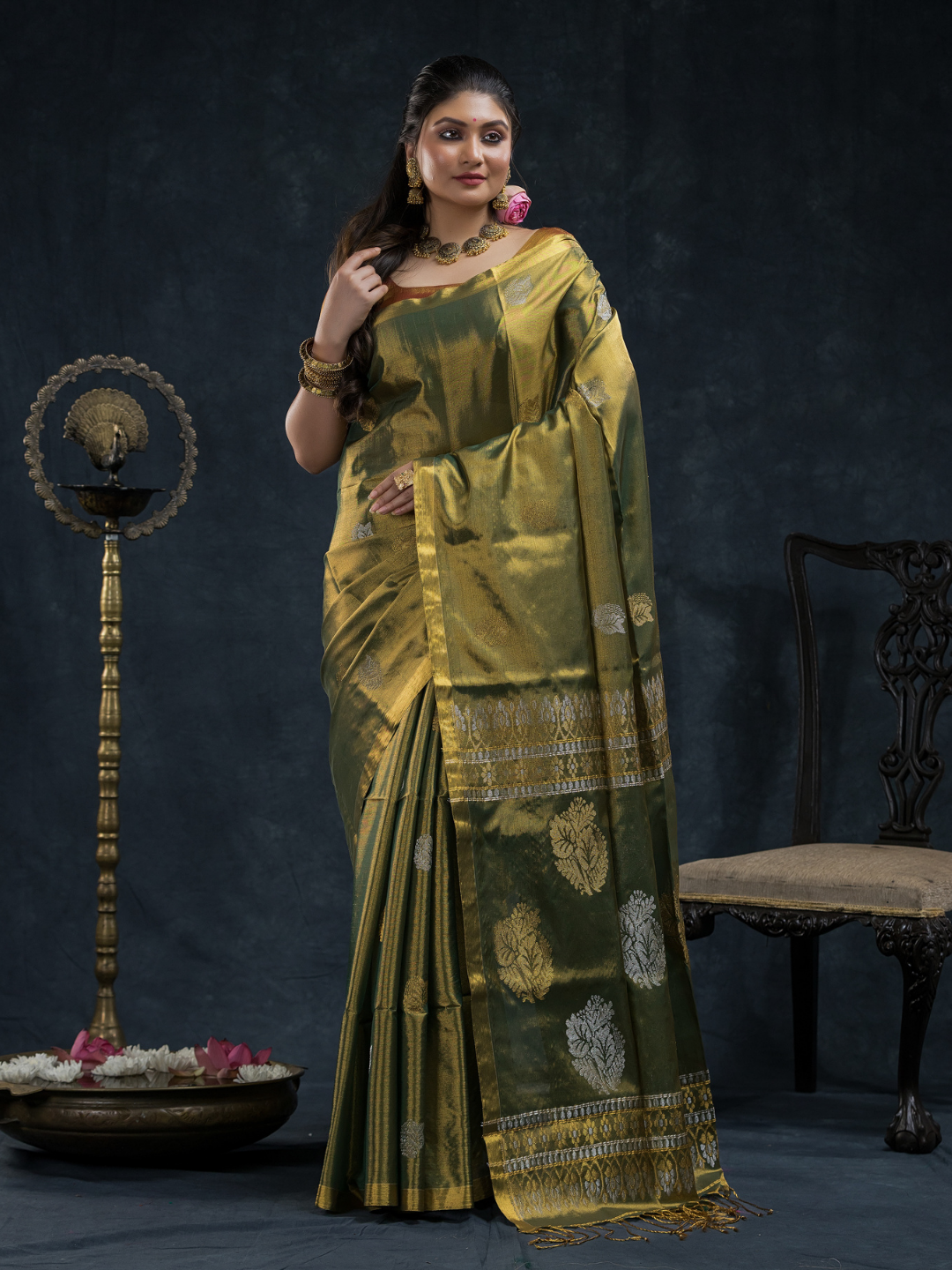 Tissue Silk Saree In Olive Green 026