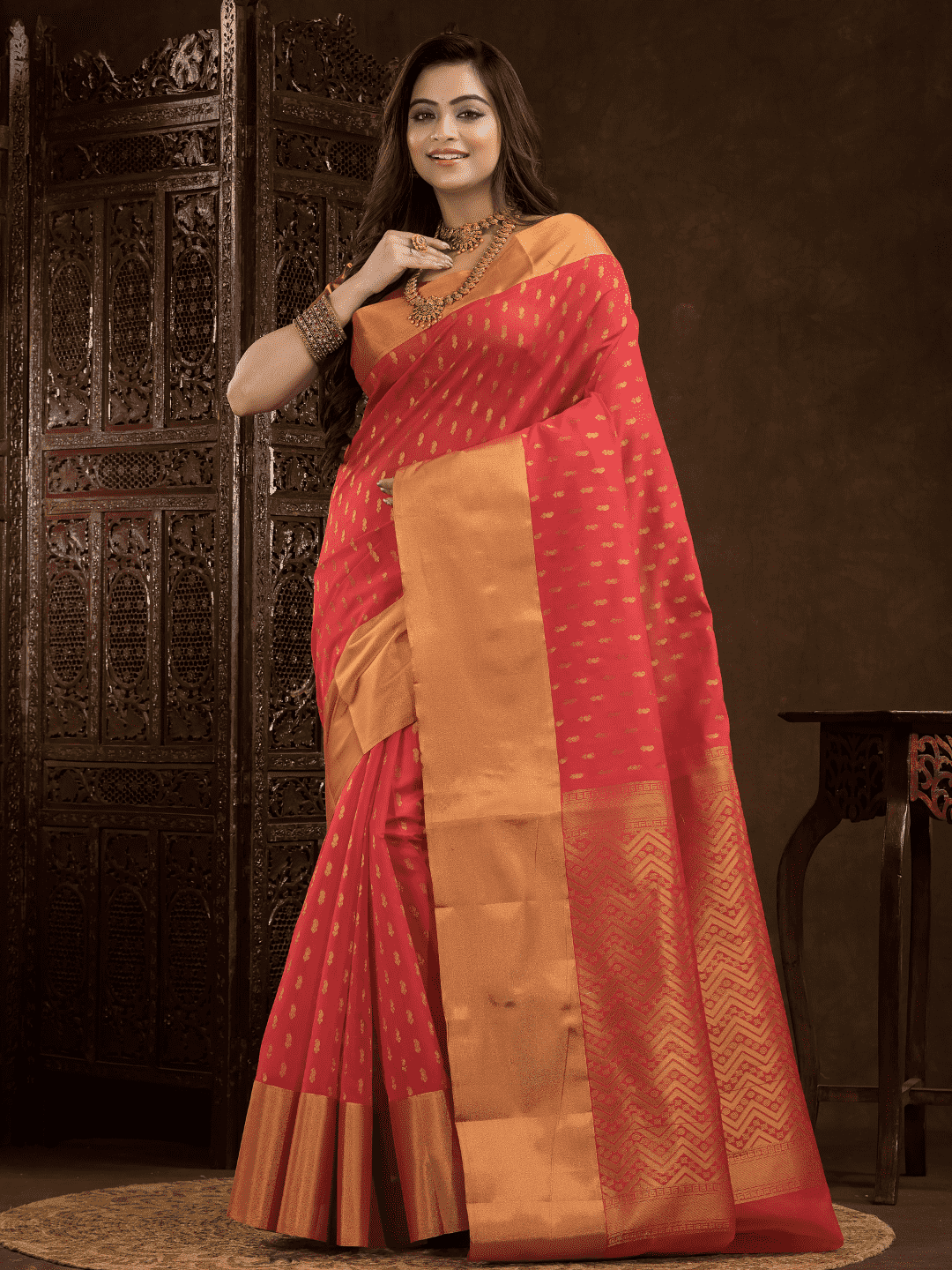 Imperial Red Cotton Silk Saree - 015 - indeloom